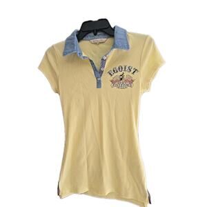 Y2k Egoist Yellow Collared‎ Embellished Short Sleeve Polo Shirt Womans Sz Medium